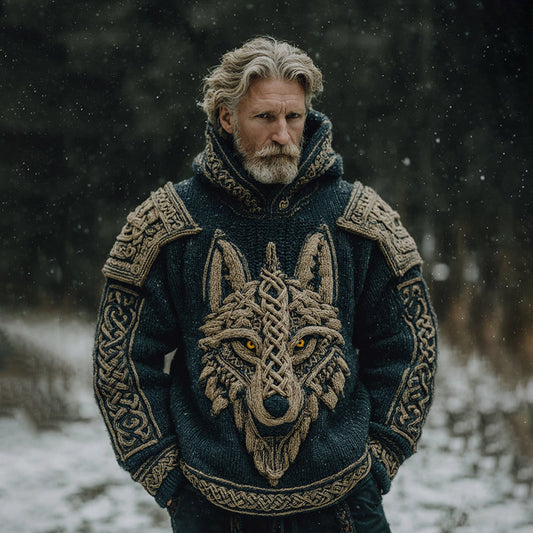 Men's Vintage Viking Celtic Knot Wolf Art Knit Hooded Sweater elevenforest
