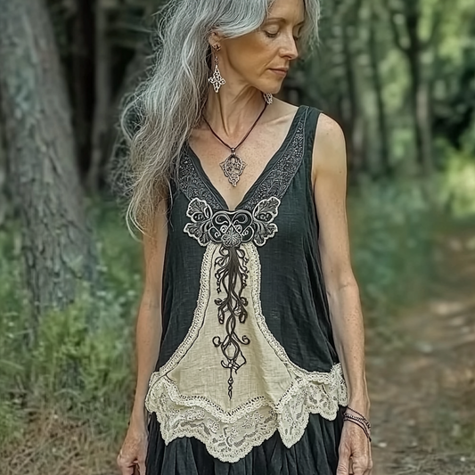 Vintage Women's Viking Tree Of Life Lace Linen Dress artswardrobe