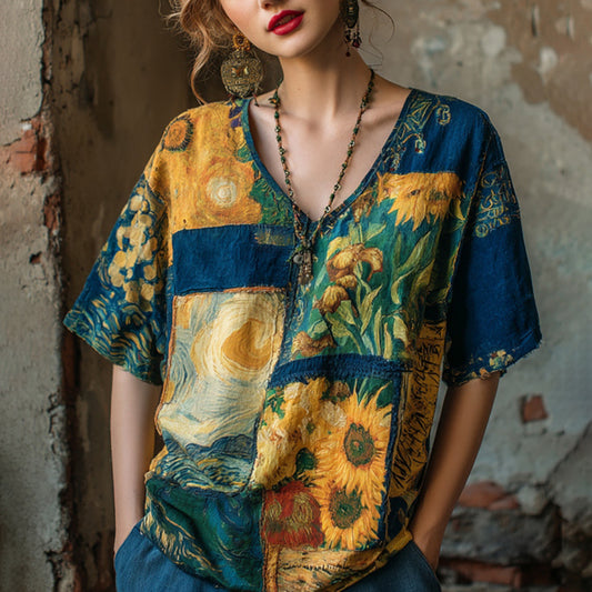 Oil Painting Patchwork Art Print V-neck Linen Blend T-shirt artswardrobe
