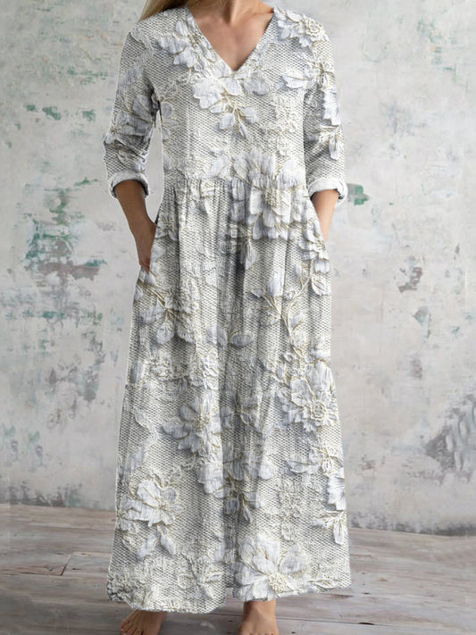 Comstylish Vintage Lace Floral Women's Linen Maxi Dress