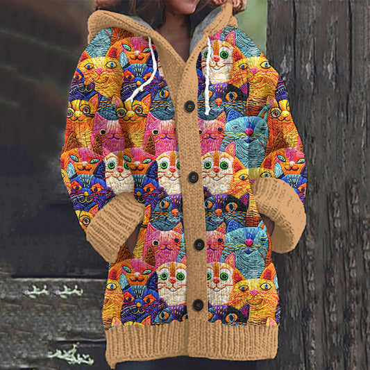 Cute Cats Embroidered Pattern Cozy Hooded Knit Sweater elevenforest