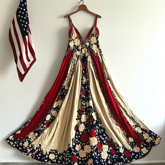 Women's Vintage Independence Day Flag Floral Pattern Suspender Dress artswardrobe