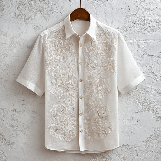 Men's Floral Lace Embroidered Casual Linen Shirt artswardrobe