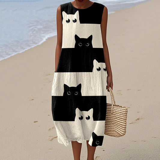 Comstylish Women's Vintage Abstract Geometric Black Cat Art Linen Tank Midi Dress