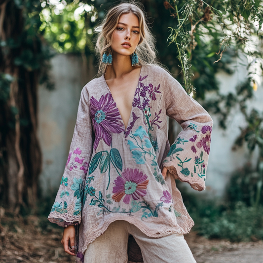 Vintage Floral Embroidered Linen V Neck Tunic artswardrobe