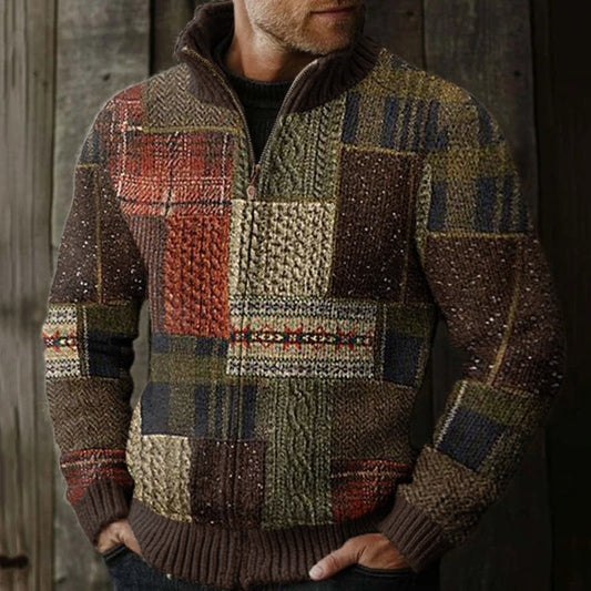 Men's Vintage Patchwork Contrast Zip Sweater elevenforest