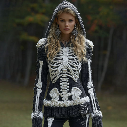 Women's Halloween Skeleton Bones With Roses Art Knitted Warm Hooded Sweater artswardrobe
