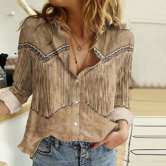 Comstylish Western Fringe Print Long Sleeve Casual Shirt