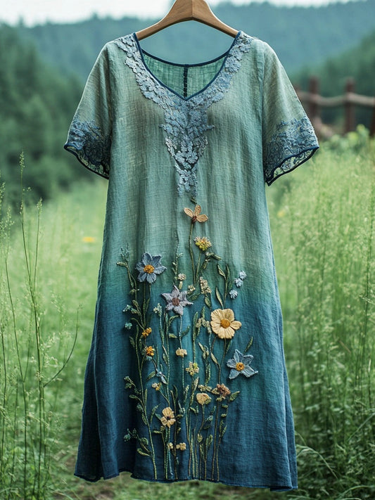 Floral Embroidery Blue Green Tie-dye Lace Women's V-neck Linen Dress artswardrobe