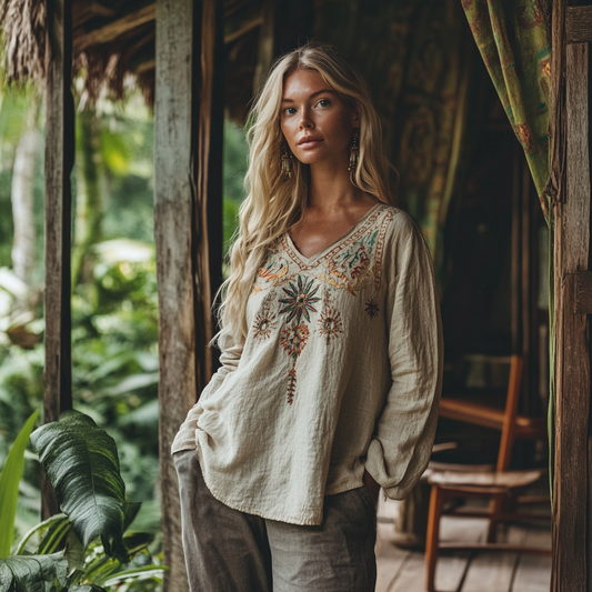 Comstylish Vintage Retro Blossoms Embroidered Art Linen Tops