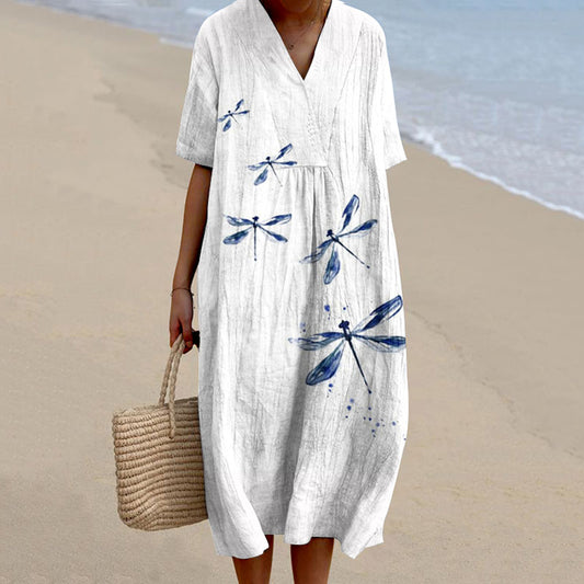 Comstylish Women'S Dragonfly Print Linen Blend Dress