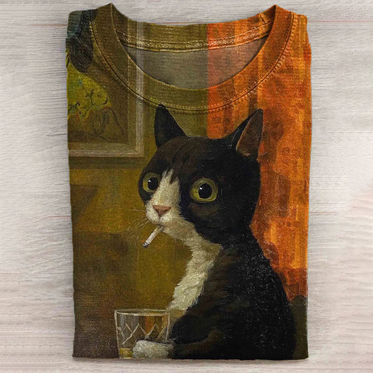 Vintage Cute Cat Print Long Sleeve Casual T-Shirt elevenforest