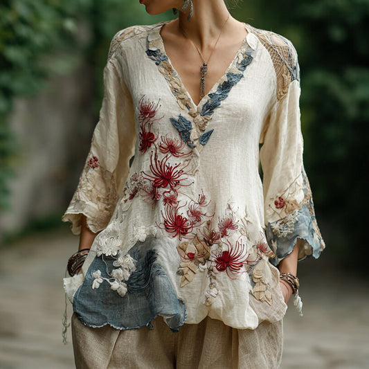 Women's Japanese Spider Lily Embroidered Cotton And Linen V-neck Shirt artswardrobe