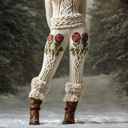 Comstylish Women's Viking Style Rose Embroidered Leggings