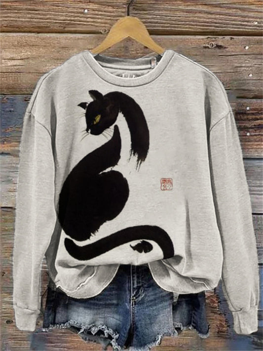 Black Cat Asian Brush Art Comfy Sweatshirt elevenforest