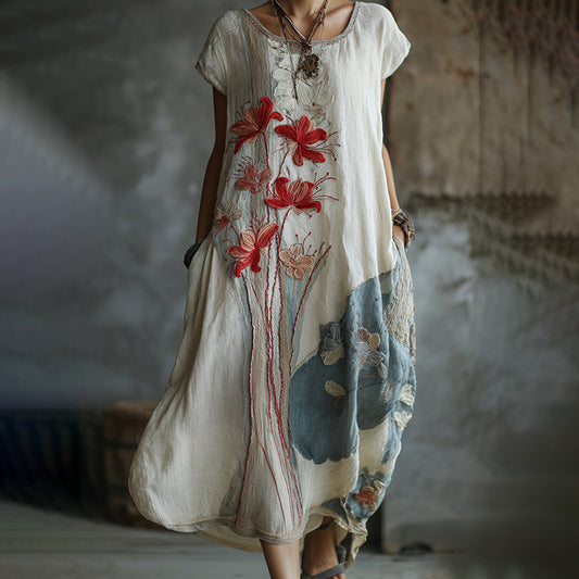Women's Vintage Red Spider Lily Embroidery Cotton And Linen Round Neck Dress artswardrobe