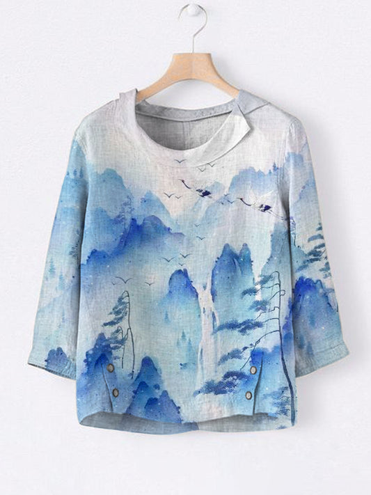 Comstylish Watercolor Landscape & Crane Print Linen Lapel Shirt