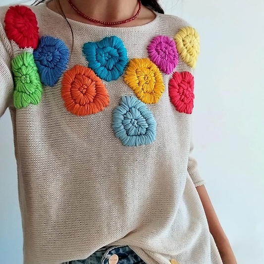Women's Colorful Floral Relief Art Knitting Patterns Art Cozy Sweater artswardrobe