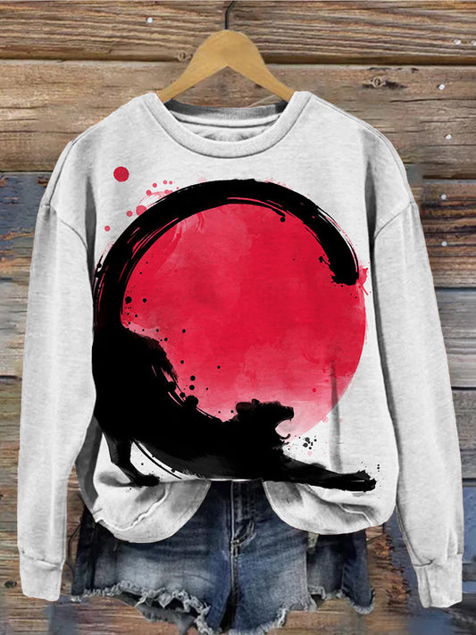 Cat Stretching in the Red Sun Art Cozy Sweatshirt elevenforest