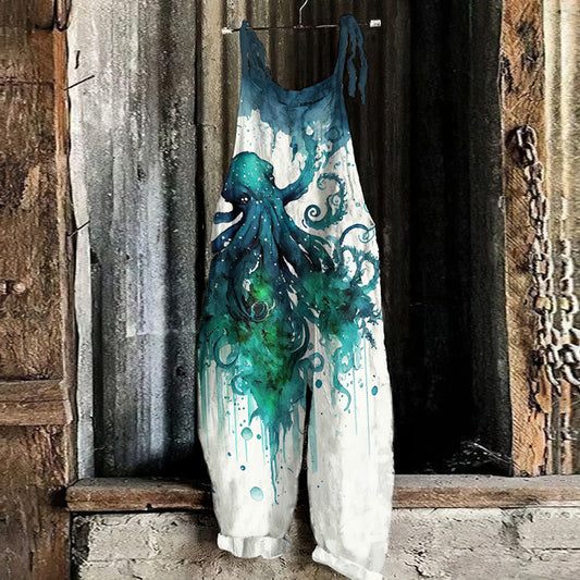 Comstylish Retro Watercolor Mutated Octopus Print Loose Casual Jumpsuit