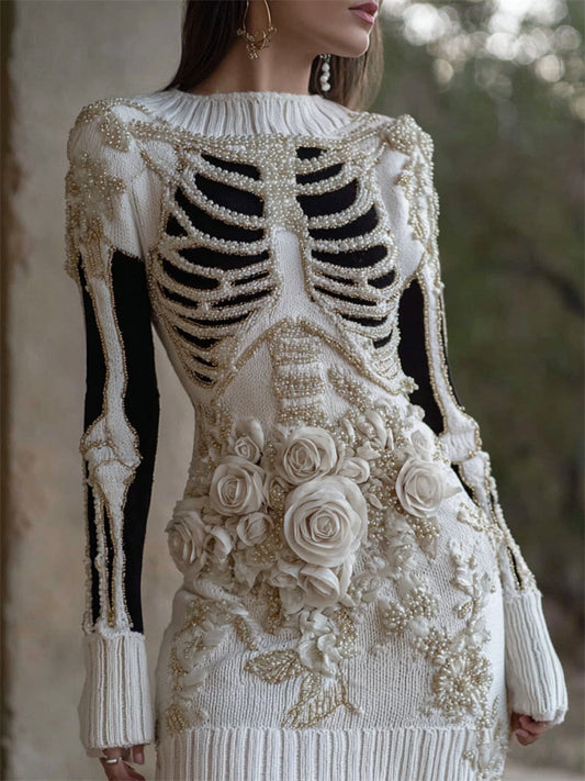 Halloween Roses Skeleton Pearls Beaded Cozy Knit Sweater Dress artswardrobe