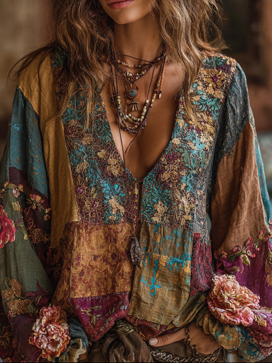 Bohemian Style Embroidered Flower Long-sleeved V-neck Bright Yellow Distressed Long-sleeved Top artswardrobe