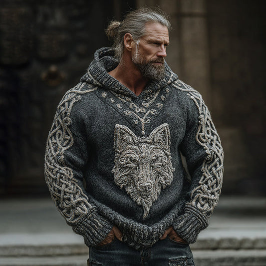 Men's Viking Wolf Celtic Jacquard Knit Hoodie Sweater elevenforest