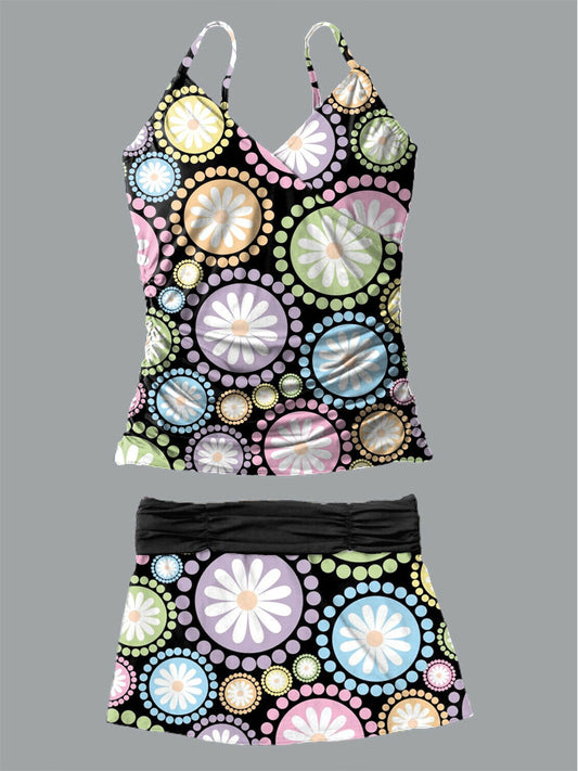 Women's Geometric Print Suspender Shirred Swimsuit Set