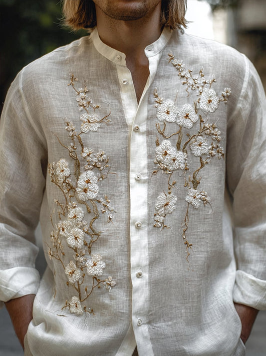 Men's Elegant White Plum Blossom Embroidery Vintage Long-sleeved Shirt artswardrobe
