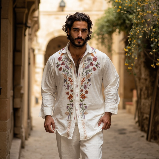 Men's Floral Embroidered Linen Casual Long Sleeve Shirt artswardrobe