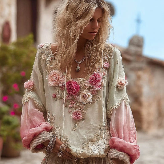 Bohemian Style Gradient Flower Patchwork Vintage Long-sleeved Shirt artswardrobe