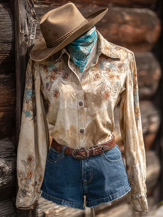 Comstylish Women's Vintage Western Horse Design Cotton And Linen Blend Shirt
