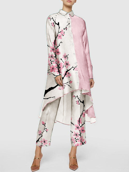 Comstylish Cherry Blossom Ink Art Contrast Flowy Blouse & Pants Set