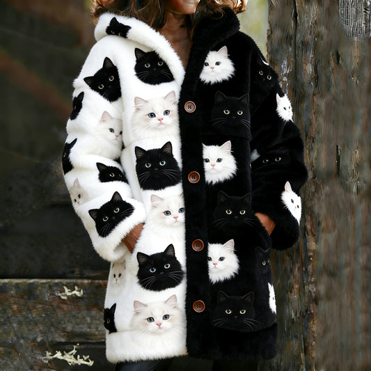 Comstylish Cross Together Black And White Cat Plush Warm Long Hooded Cardigan