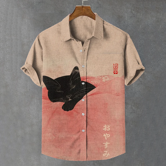 Retro Chilling Sleeping Black Cat Ink Painting Linen Blend Shirt elevenforest