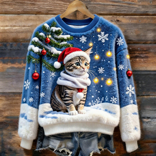 Christmas Cat Art Women's Cozy Plush Sweater elevenforest