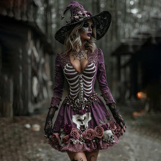 Comstylish Women's Witch Skull Flower Spider Web Midi Dress