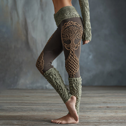 Vintage Tree Of Life Pattern Celtic Knit Cozy Leggings artswardrobe