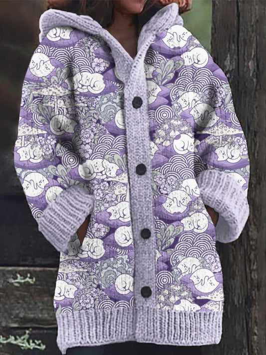 Japanese Sleeping Cat Floral Women's Hooded Sweater Cardigan elevenforest