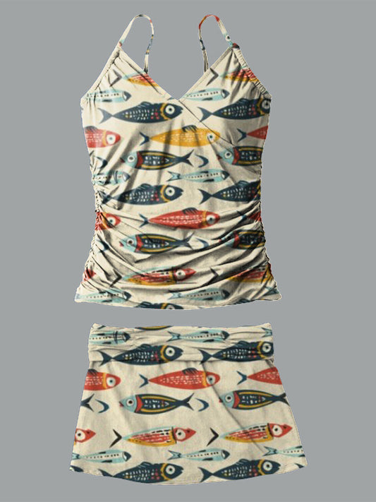 Fish V-Neck Vintage Flowers Print Suspender Skirt Tankini Pantskirt Set Swimsuit