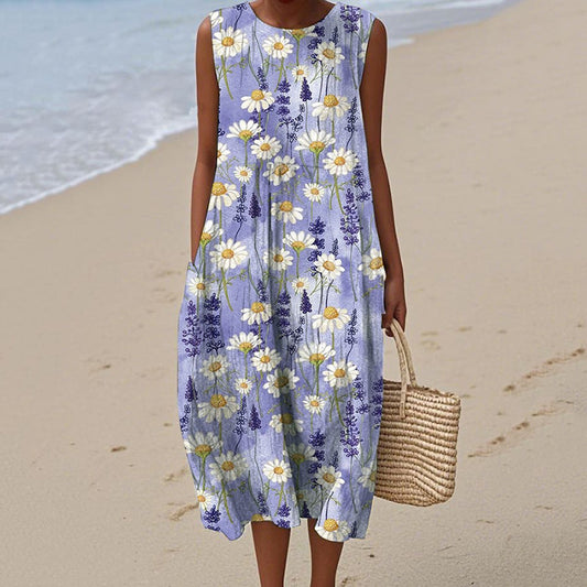 Women's Daisy Art Print Crew Neck Tank Midi Dress artswardrobe