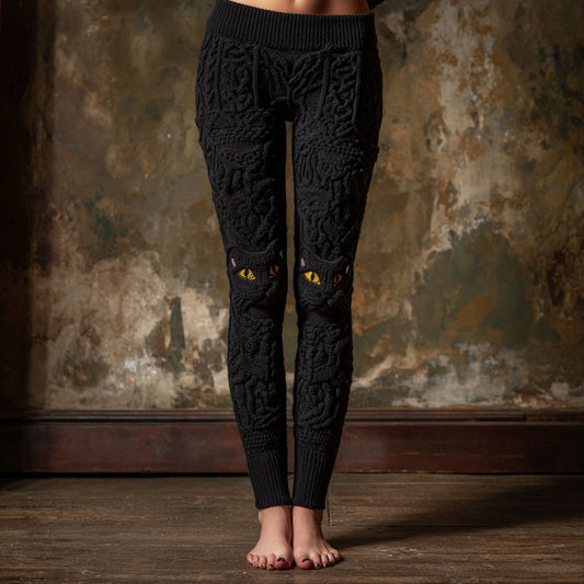 Comstylish Cute Black Cat Face Embroidered Cozy Knit Leggings