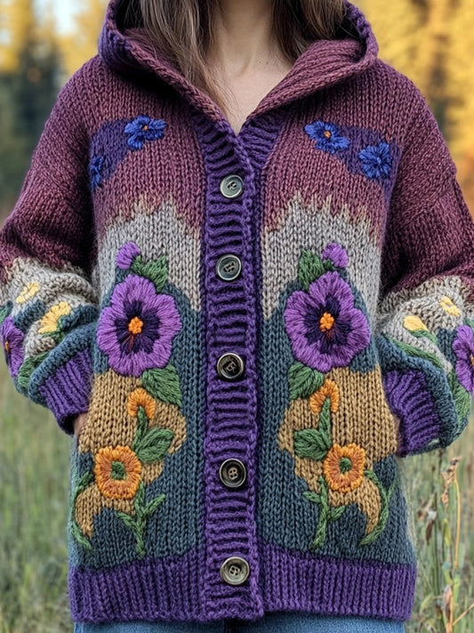 Vintage Flower Embroidered Cozy Chunky Hooded Cardigan elevenforest