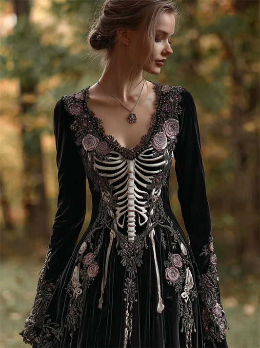 Comstylish Vintage Skeleton Pink Roses Embroidered Velvet Maxi Dress
