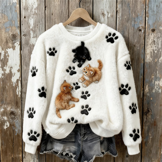 Comstylish Lovely Cats Paw Prints Embroidered Cozy Plush Sweatshirt