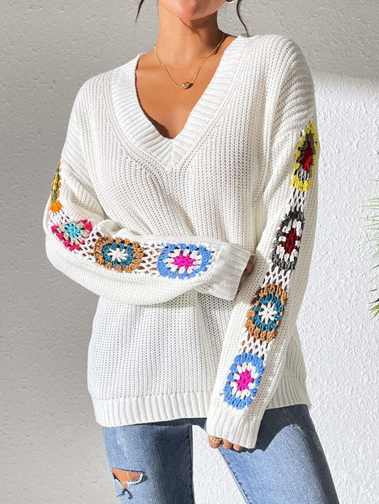 Eva® | Sweater with crochet sleeves and V-neck