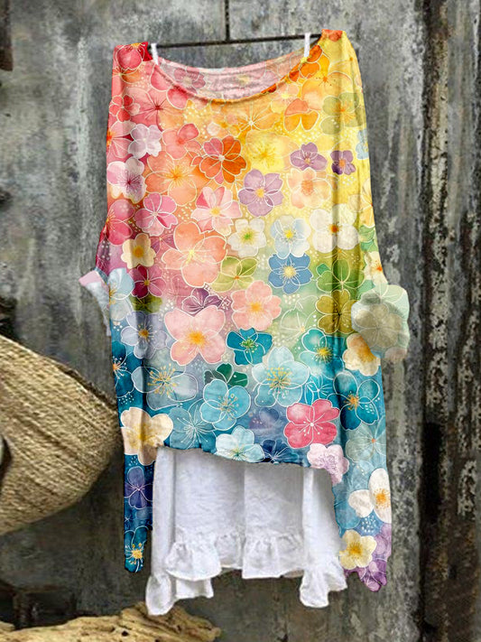 Comstylish Colorful Flowers Art Linen Blend Flowy Tunic