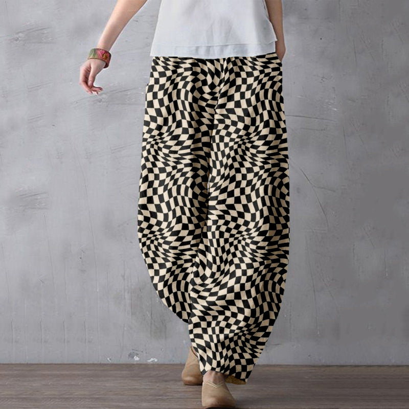 Comstylish Wavy Checkerboard Pattern Linen Blend Comfy Pants