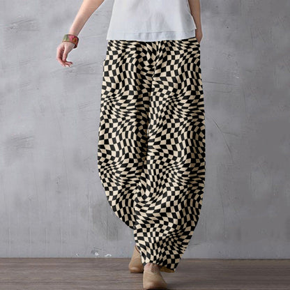 Comstylish Wavy Checkerboard Pattern Linen Blend Comfy Pants