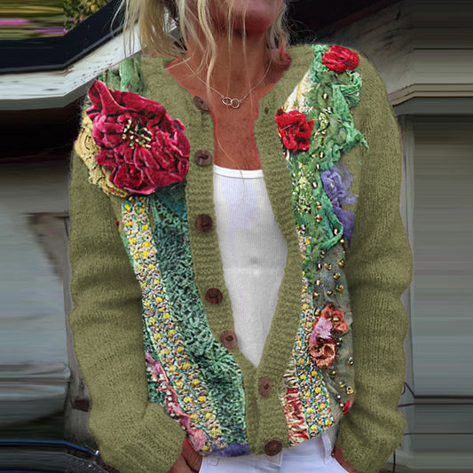 Vintage Lace And Floral Patch Cozy Sweater Cardigan artswardrobe